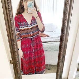 Geometric Print Red Maxi Button Up Dress